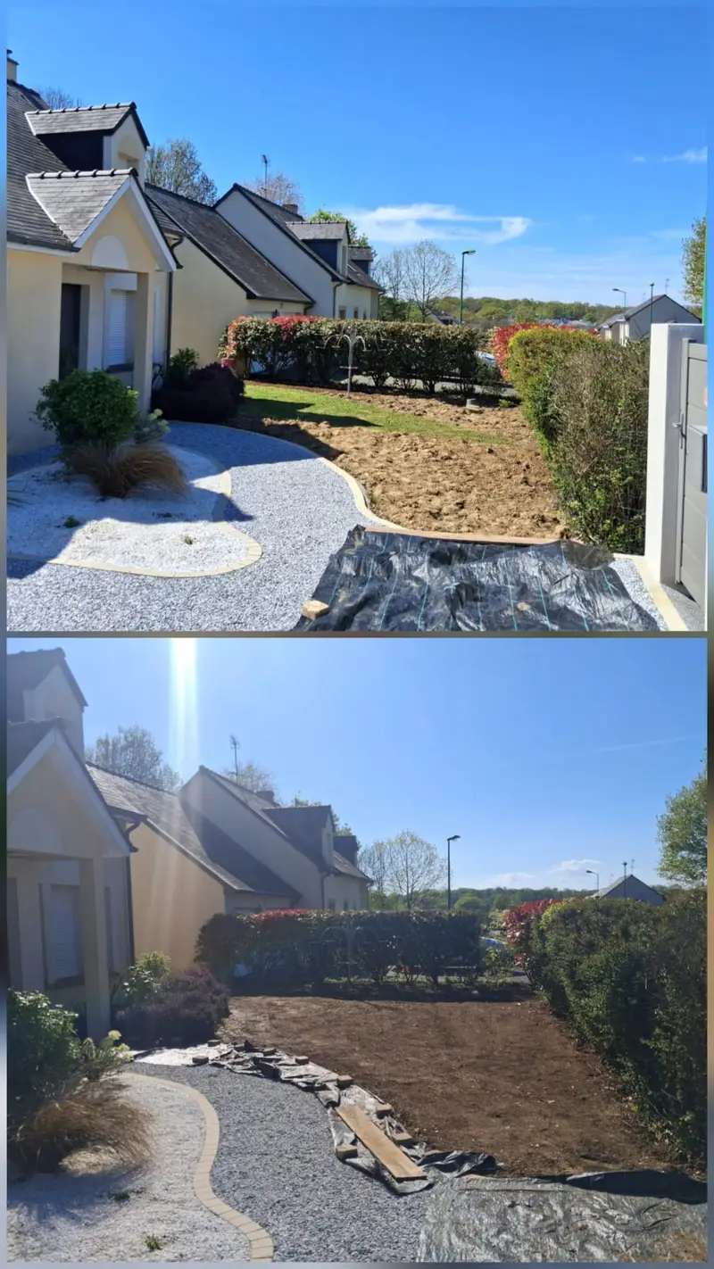Montage avant et après la création d’un massif en gravier dans un jardin